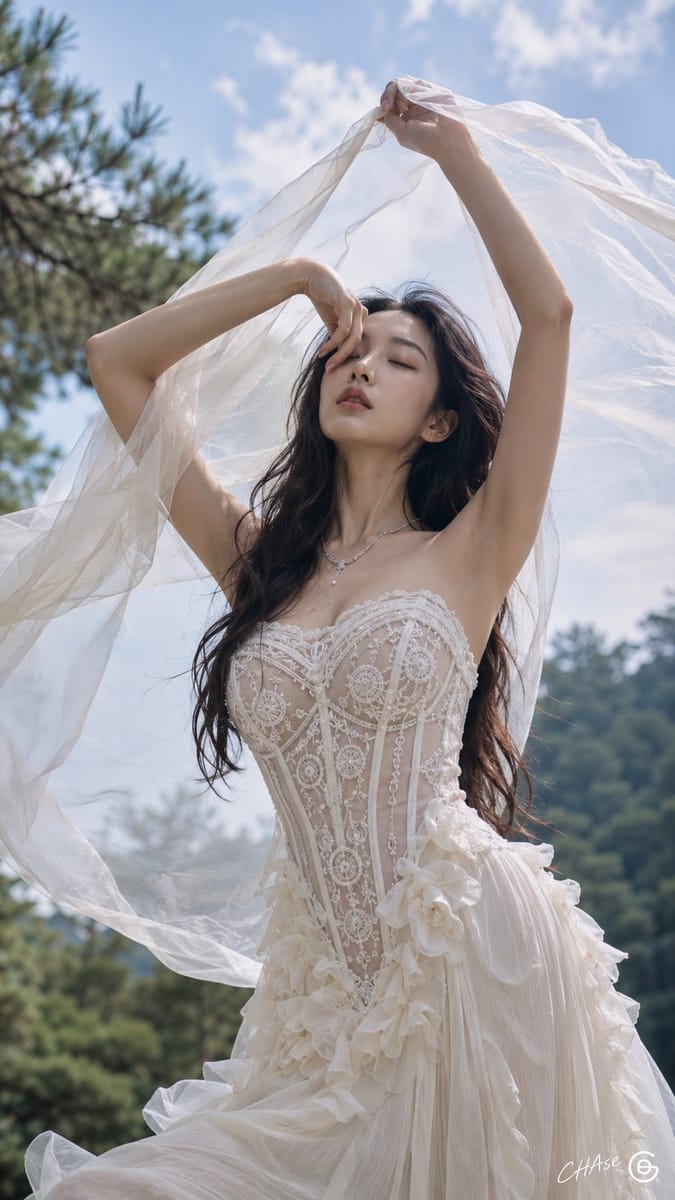 森林仙境白色礼服女神:低角度梦幻大片写真