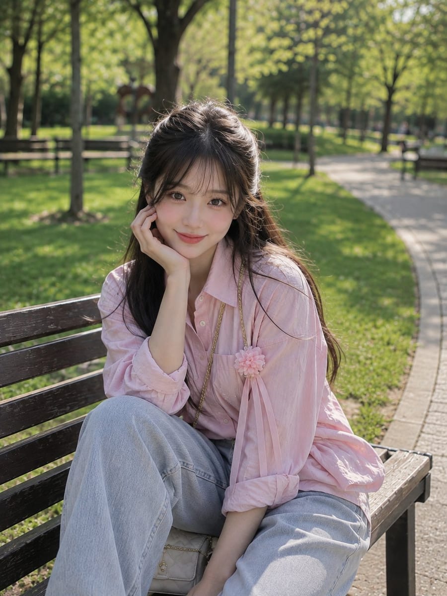 春日公园长椅上的东亚美女|超写实人像写真