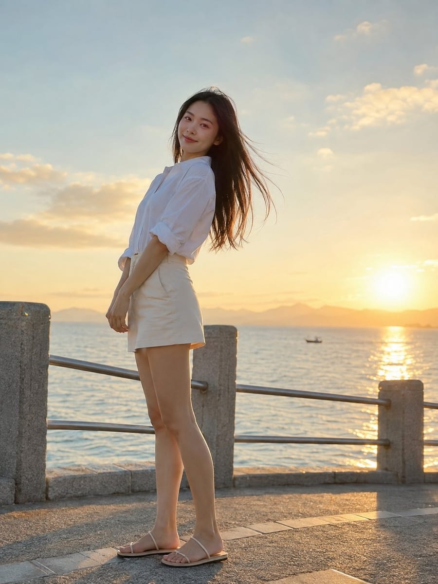 海边夕阳日系清透超写实女性人像写真