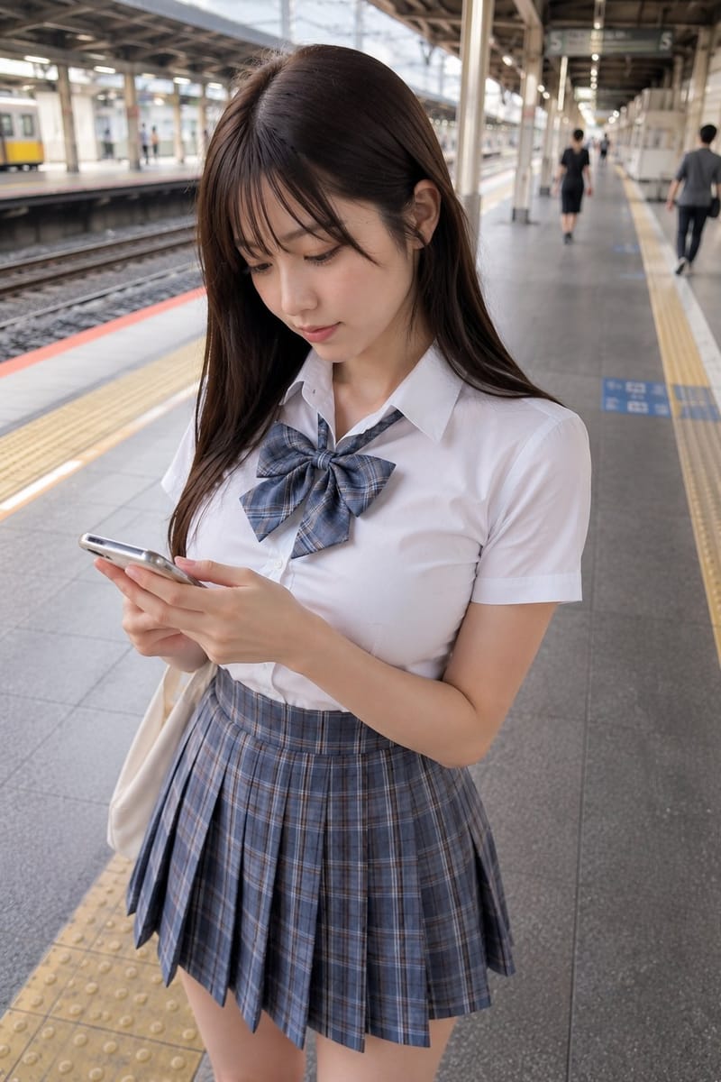 车站月台胶片感写真:低头看手机的日系年轻女性自然抓拍