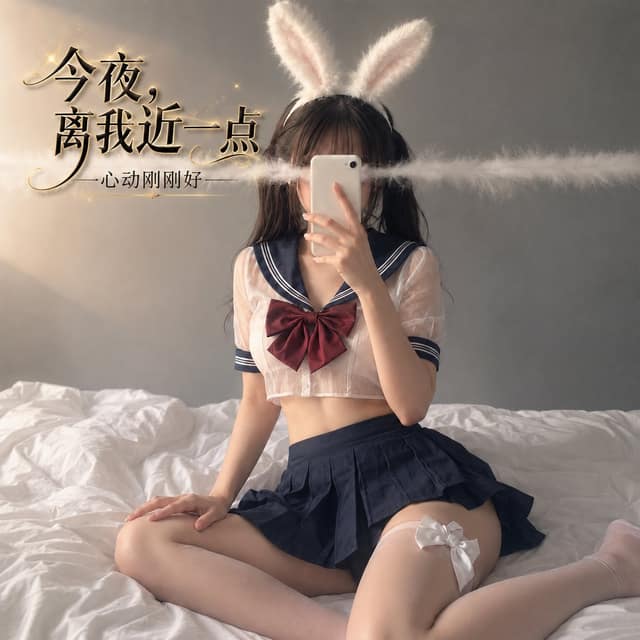 东亚女性水手服兔耳遮脸柔焦肖像
