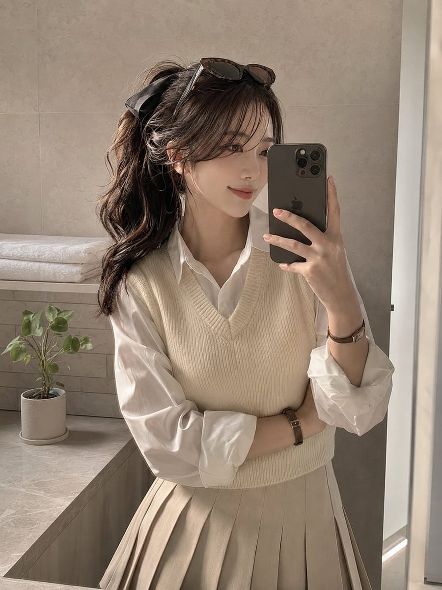 浴室镜前柔光自拍:学院风少女写真