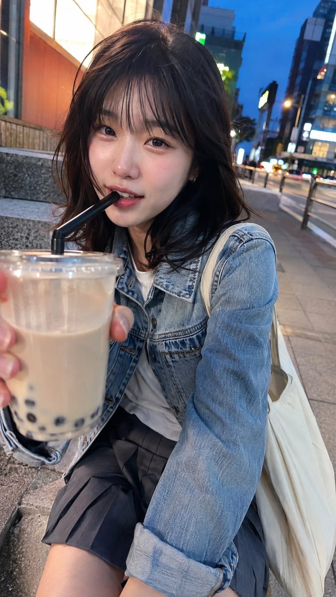 蓝调傍晚街头韩系女友感随手拍|氛围写真Prompt