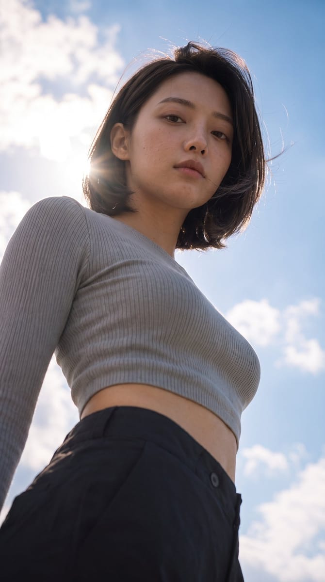 仰拍女性时尚肖像:冷灰针织衫×黑色阔腿裤天空氛围大片