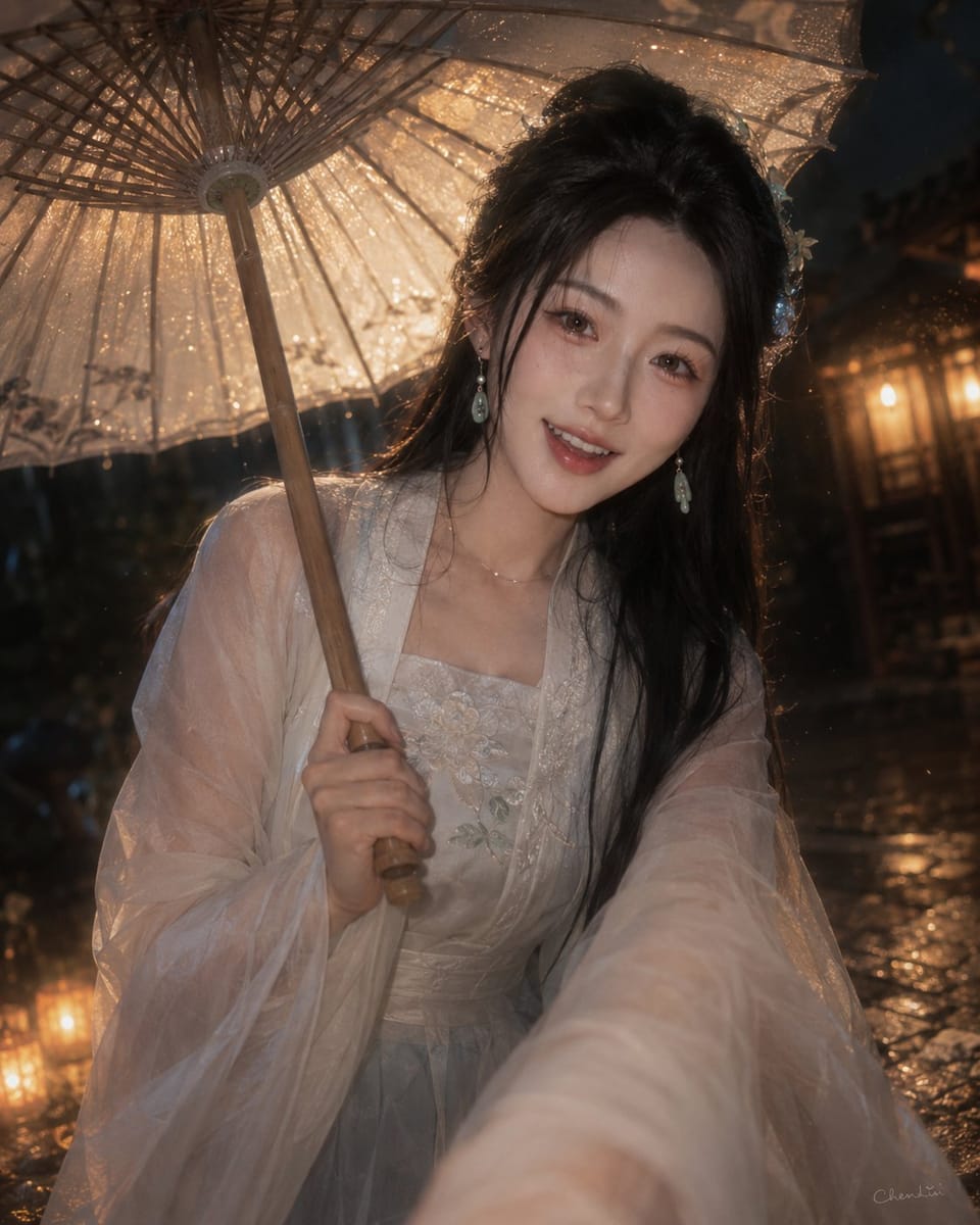 雨夜古风女友感近距离写真:新中式氛围人像提示词