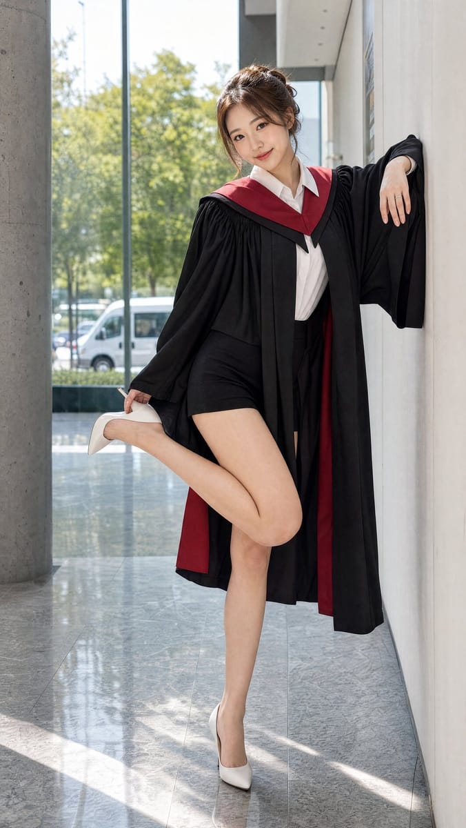 东亚女性毕业人像｜现代大学走廊优雅写真