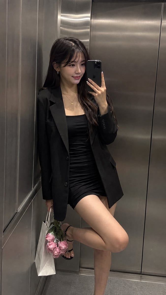 超写实电梯镜面自拍:拉丝金属氛围感女性全身写真