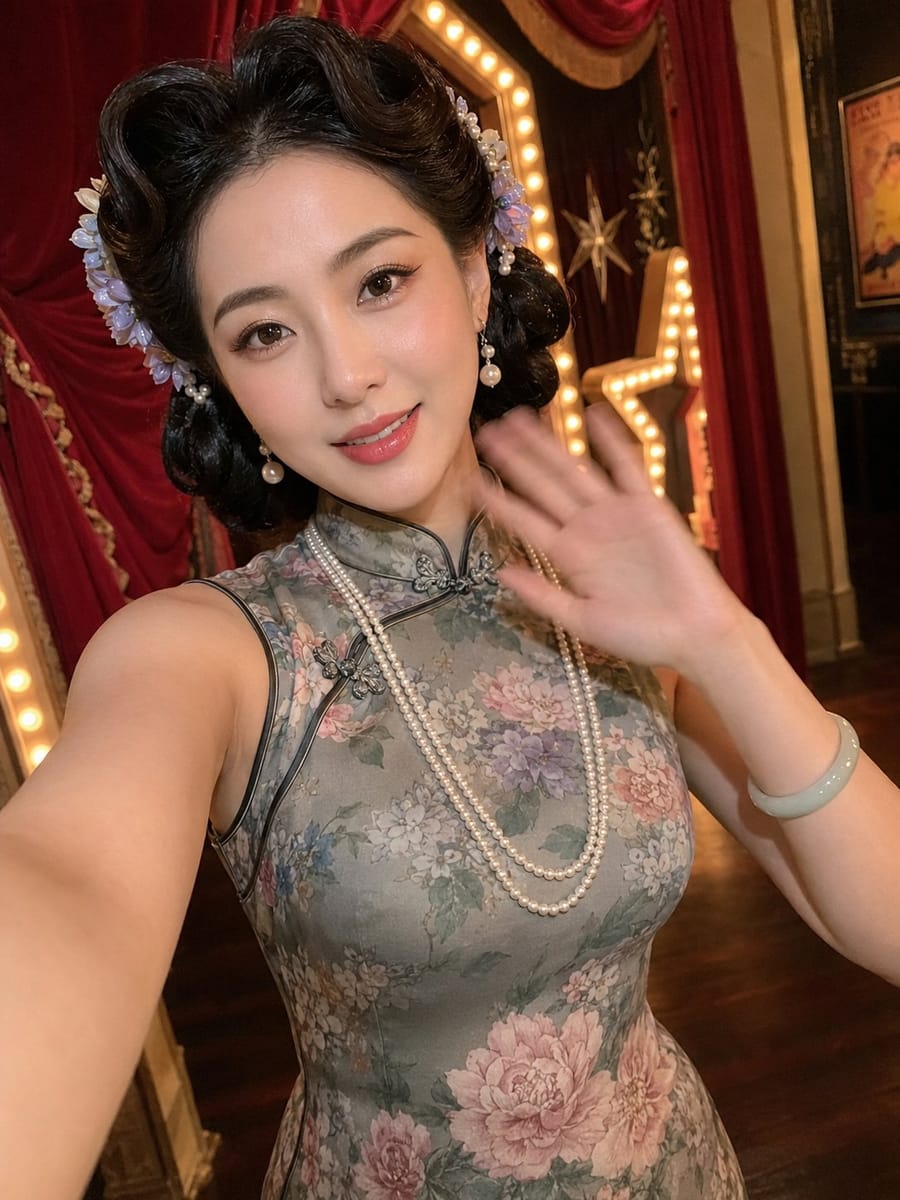 复古上海旗袍美女剧院自拍:老上海风情AI人像大片