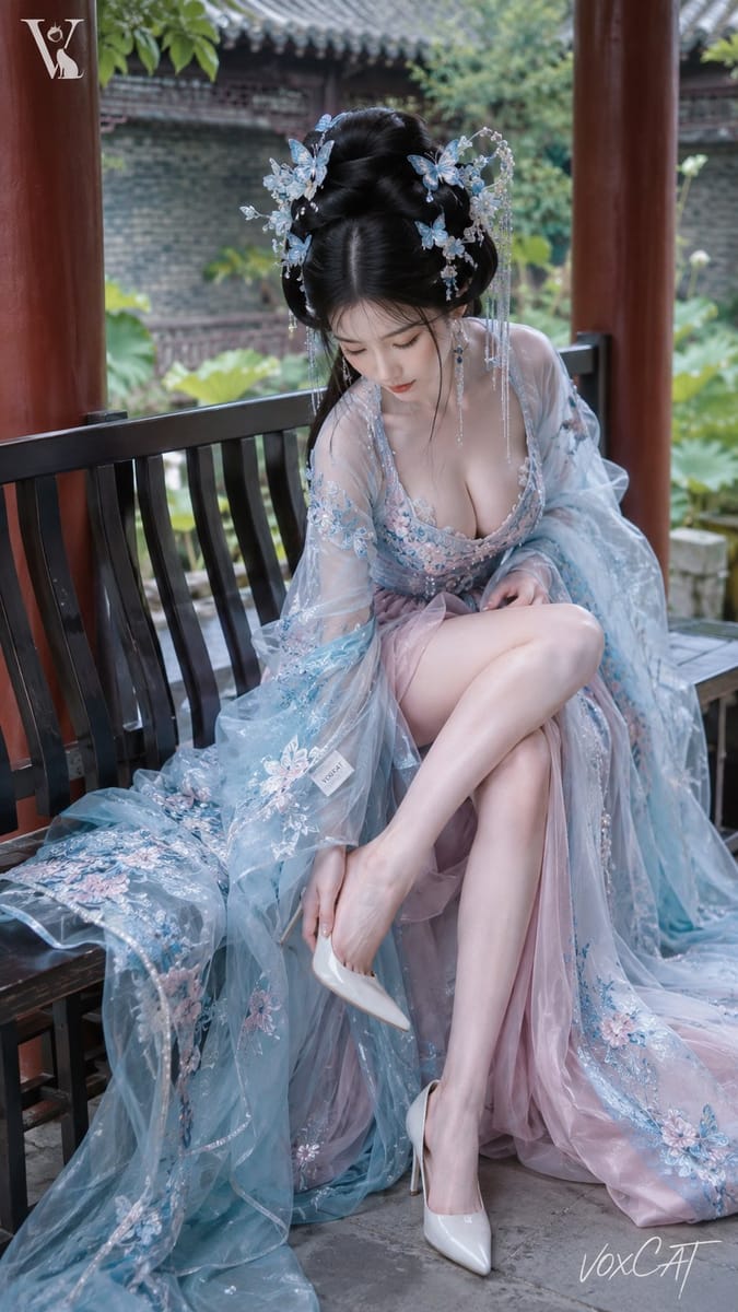 冰蓝汉服仕女写真|园林回廊低头穿鞋瞬间