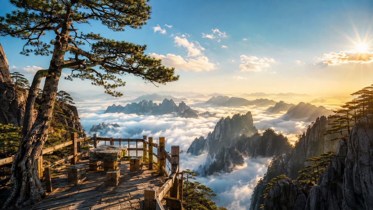 黄山云海仙境写实摄影提示词:史诗级高山风光大片
