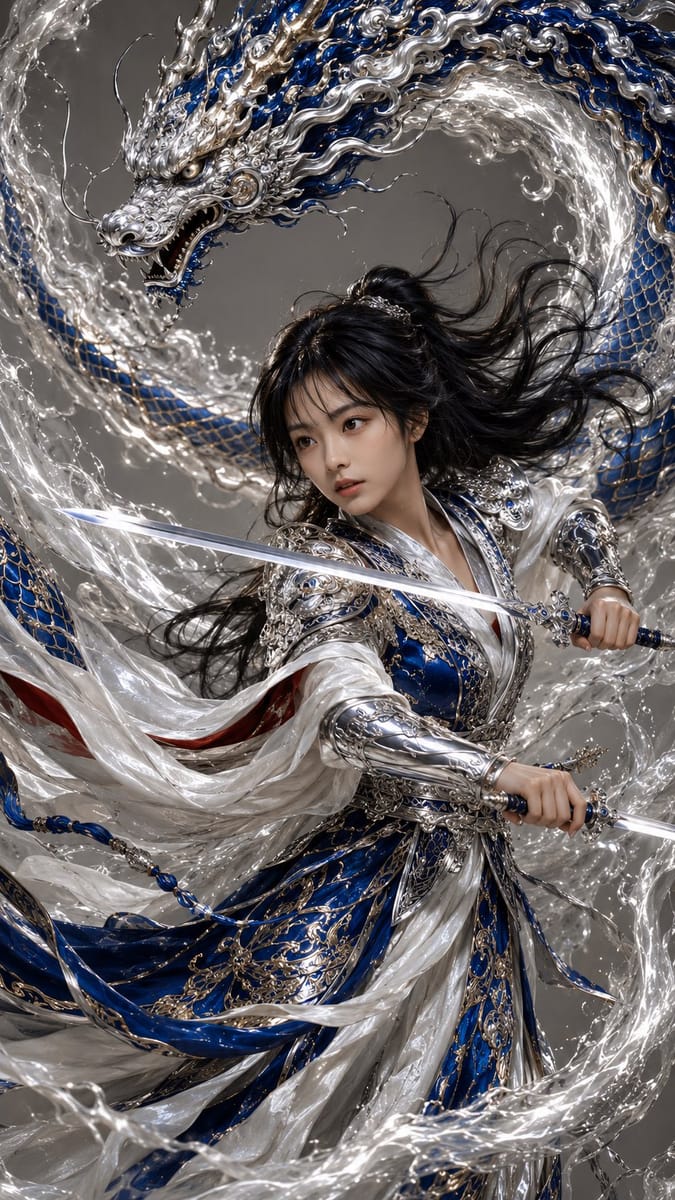 景泰蓝银甲双剑女战士×神龙|8K超写实电影感国风人像