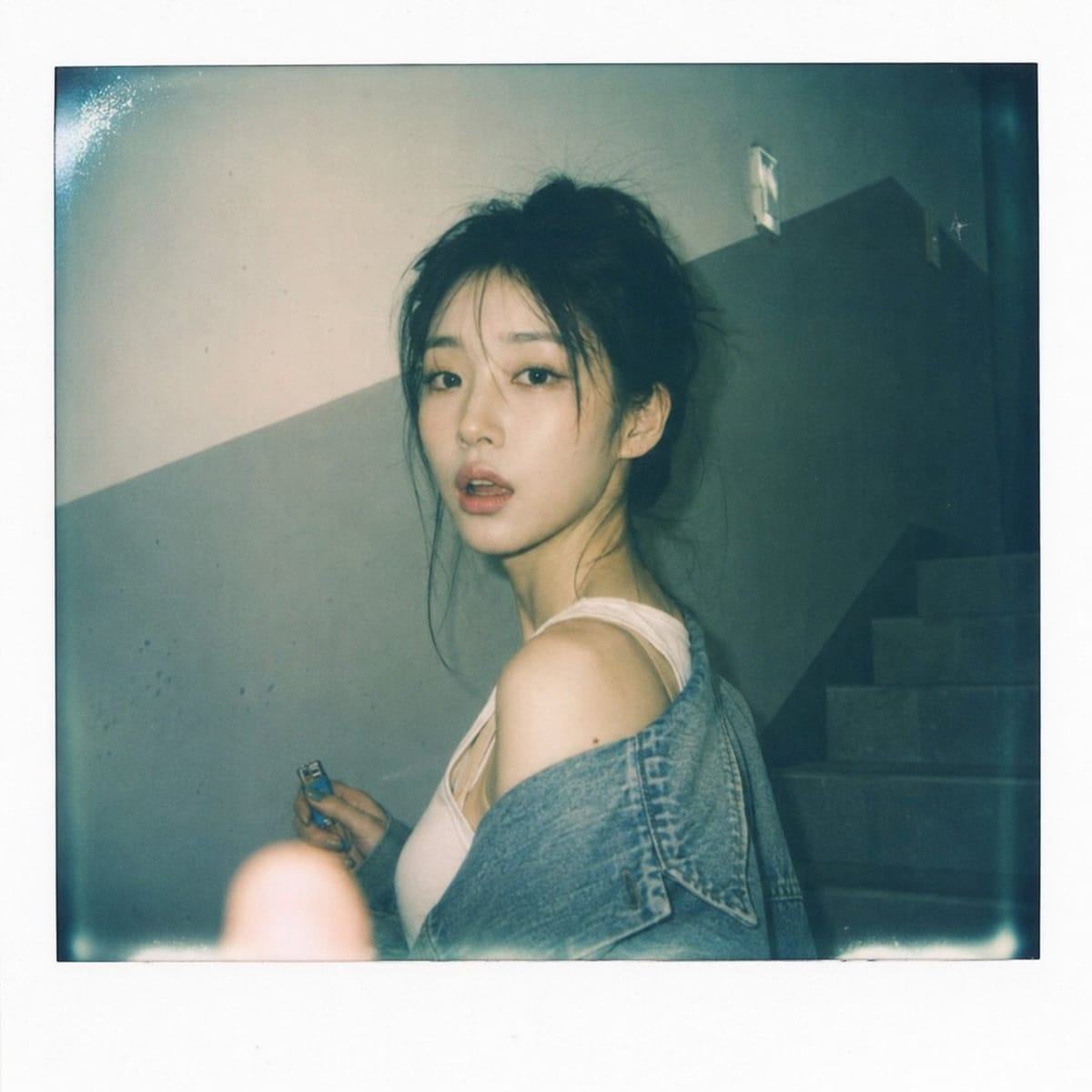 拍立得昏暗楼梯间抓拍｜韩系少女氛围感瞬间