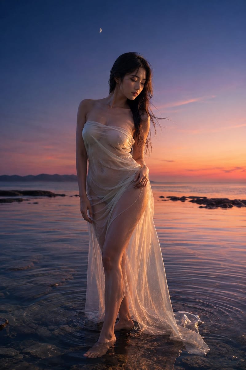 潮池暮色·优雅韩国女子写真提示词