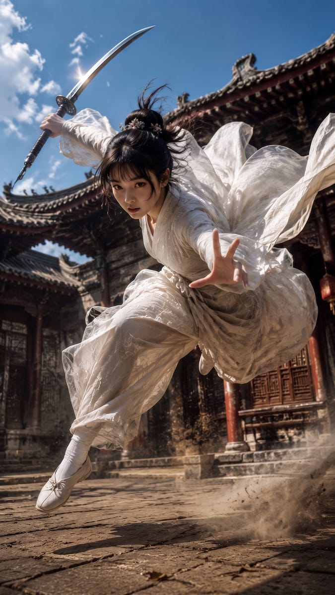 超写实中国武侠·白衣女侠凌空动作大片