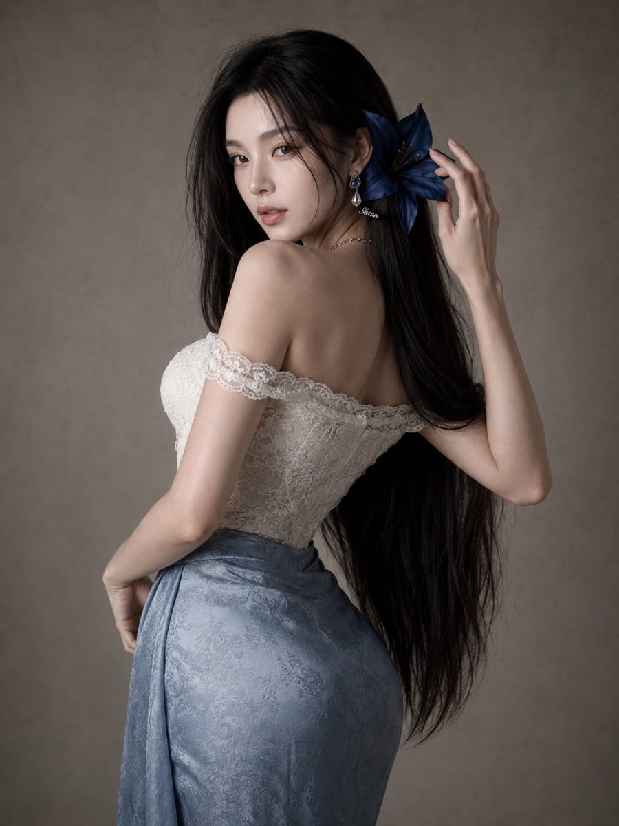 极简灰墙·蓝花点睛:东亚女性高级时装人像