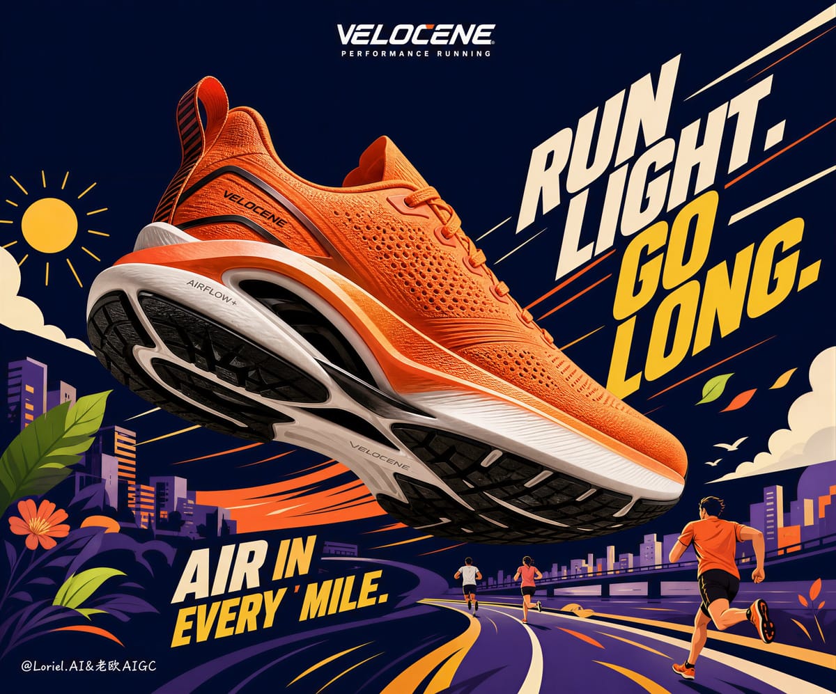 戛纳级VELOCENE跑鞋广告主视觉|超写实×矢量插画
