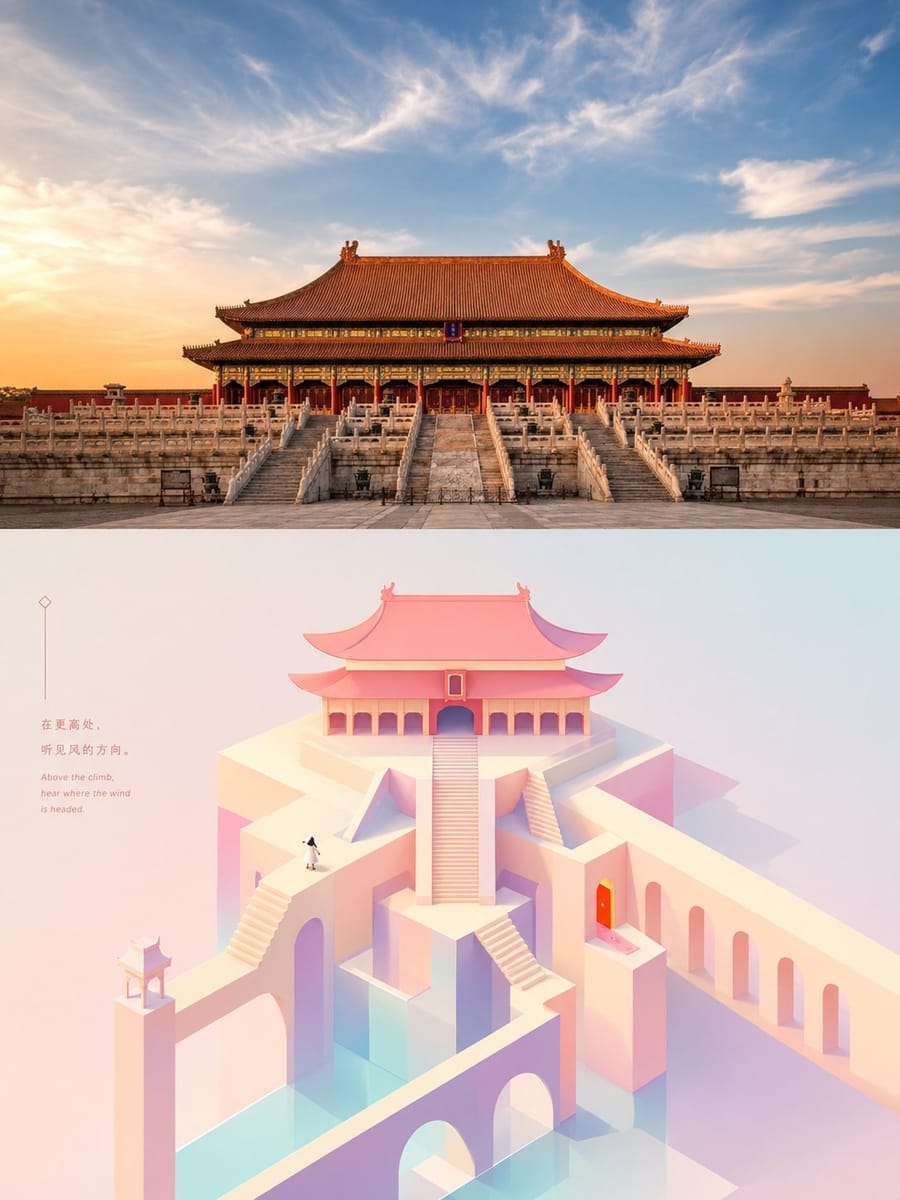 纪念碑谷风分层叙事海报:真实摄影×粉彩3D空间
