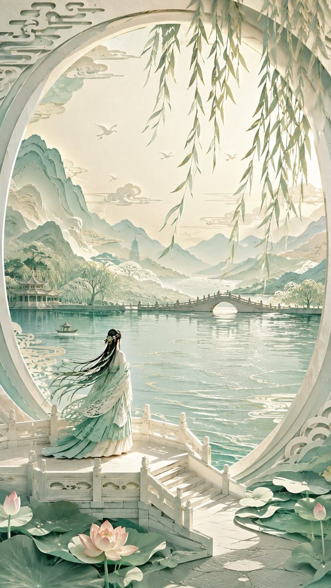 西湖梦境立体纸雕:东方女性纸艺艺术海报