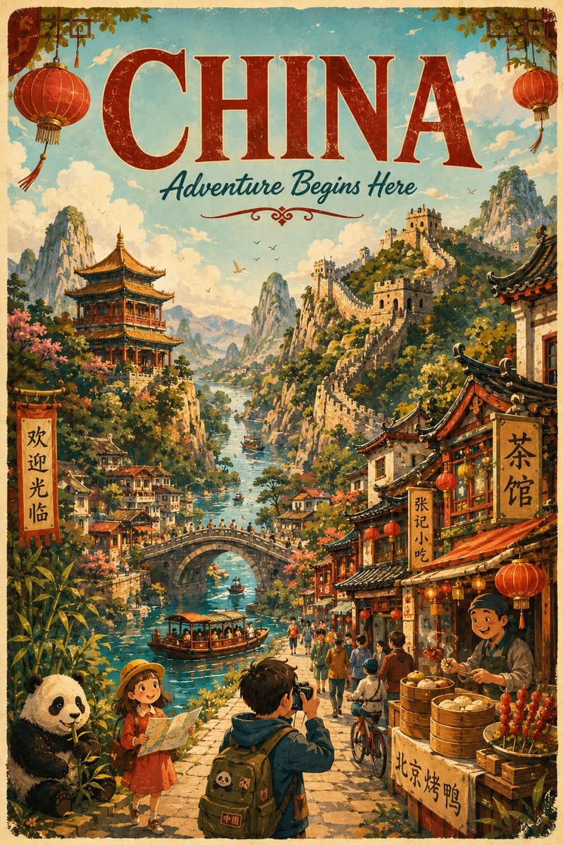 复古卡通国家旅行海报提示词|电影感手绘插画