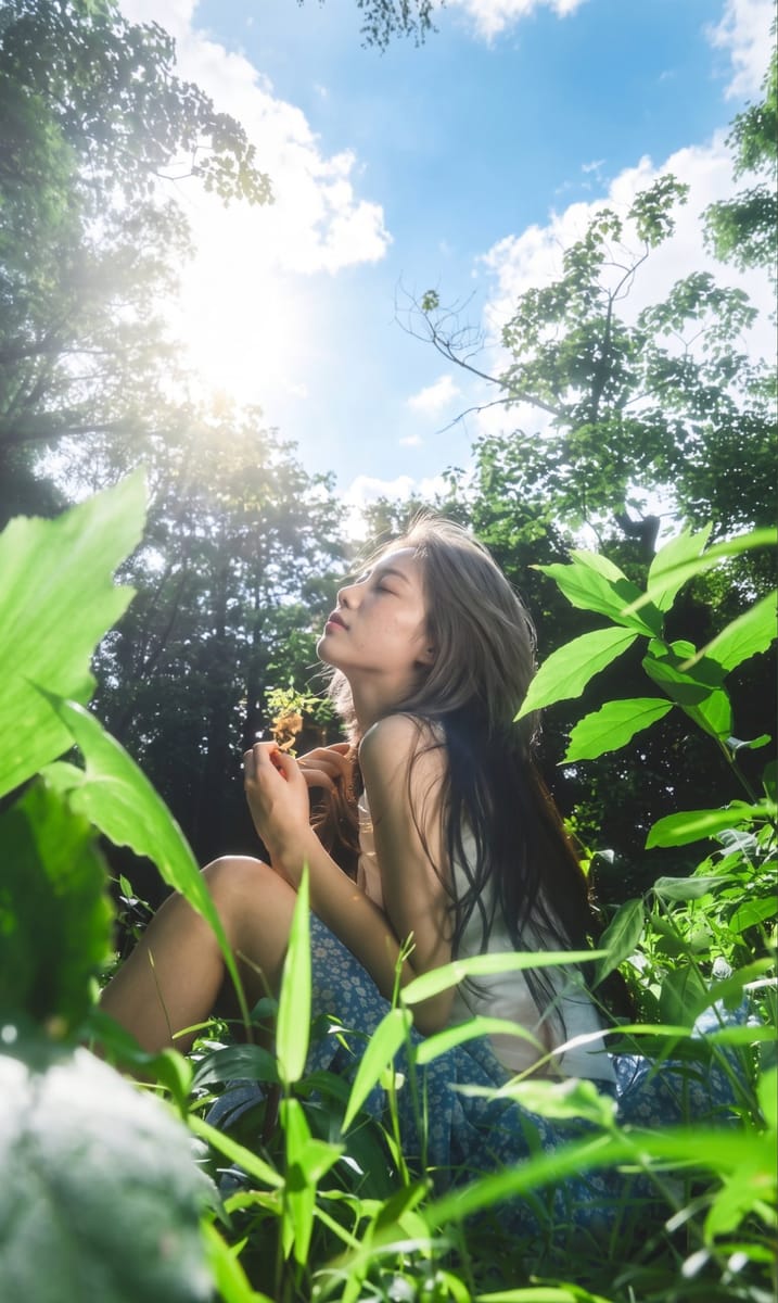 森林低视角人像摄影：女性手握苹果写真