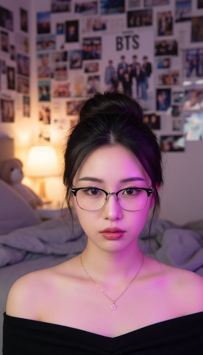 紫色氛围卧室·黑银框眼镜东亚少女写真