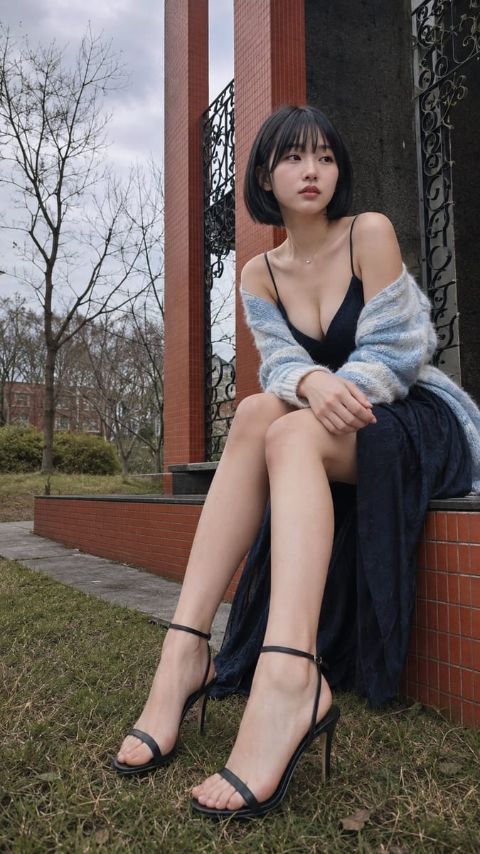 橘红瓷砖前东亚短发少女·电影感写实人像