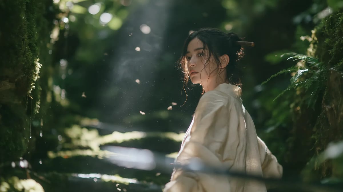 超写实东方古风电影人像:森林侠女回眸瞬间