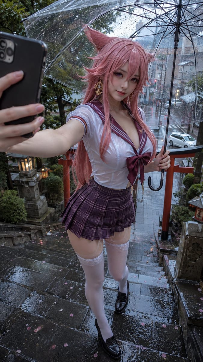 雨中神社×八重神子:透明伞下的撩人手机自拍