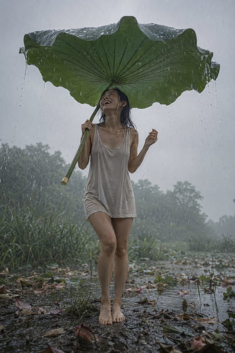 雨中湿地手持巨型荷叶的日本女性|电影感人像摄影提示词
