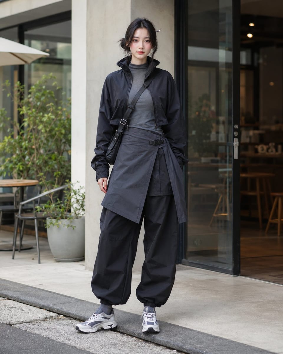 和服腰封层叠机能风穿搭 | 酷飒层次造型提示词