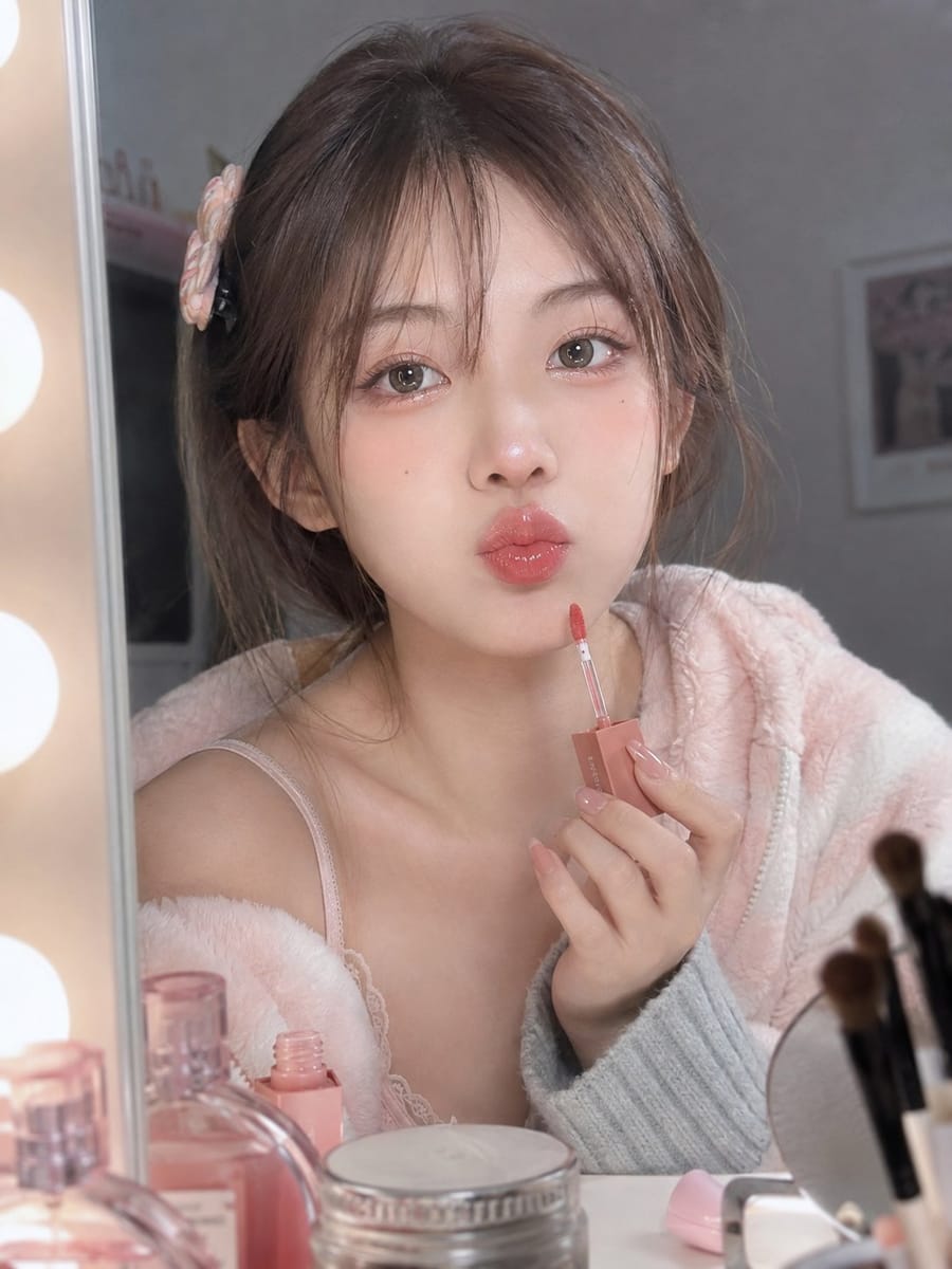 环形灯珊瑚粉嘟嘟唇美妆摄影 | 冷白柔焦社媒质感