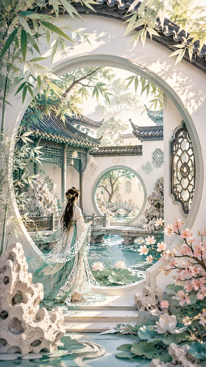 东方女性梦境立体剪纸:苏州园林纸雕艺术AI提示词