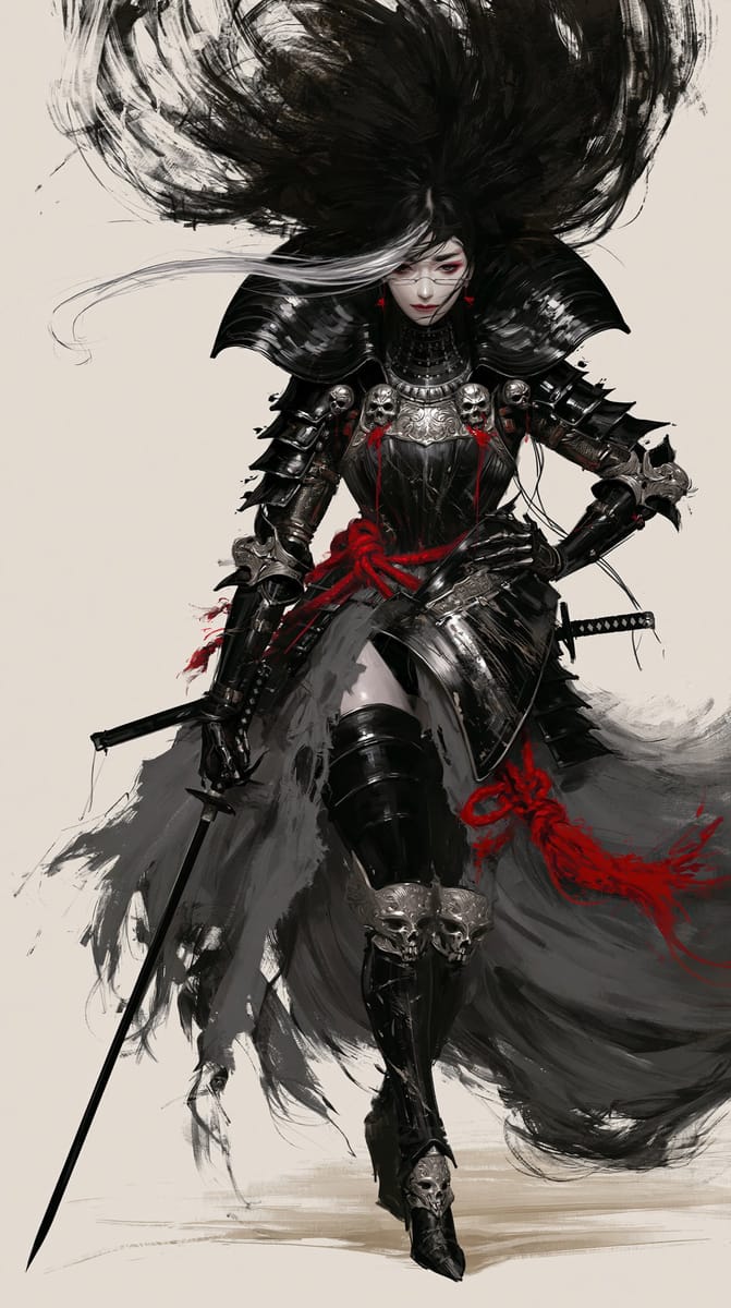 暗黑哥特东亚女战士·水墨概念插画