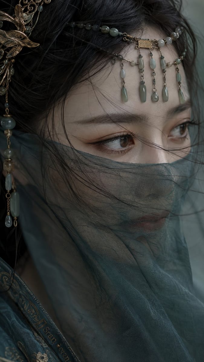 古风半面遮纱东方女性人像|极近景写实摄影提示词