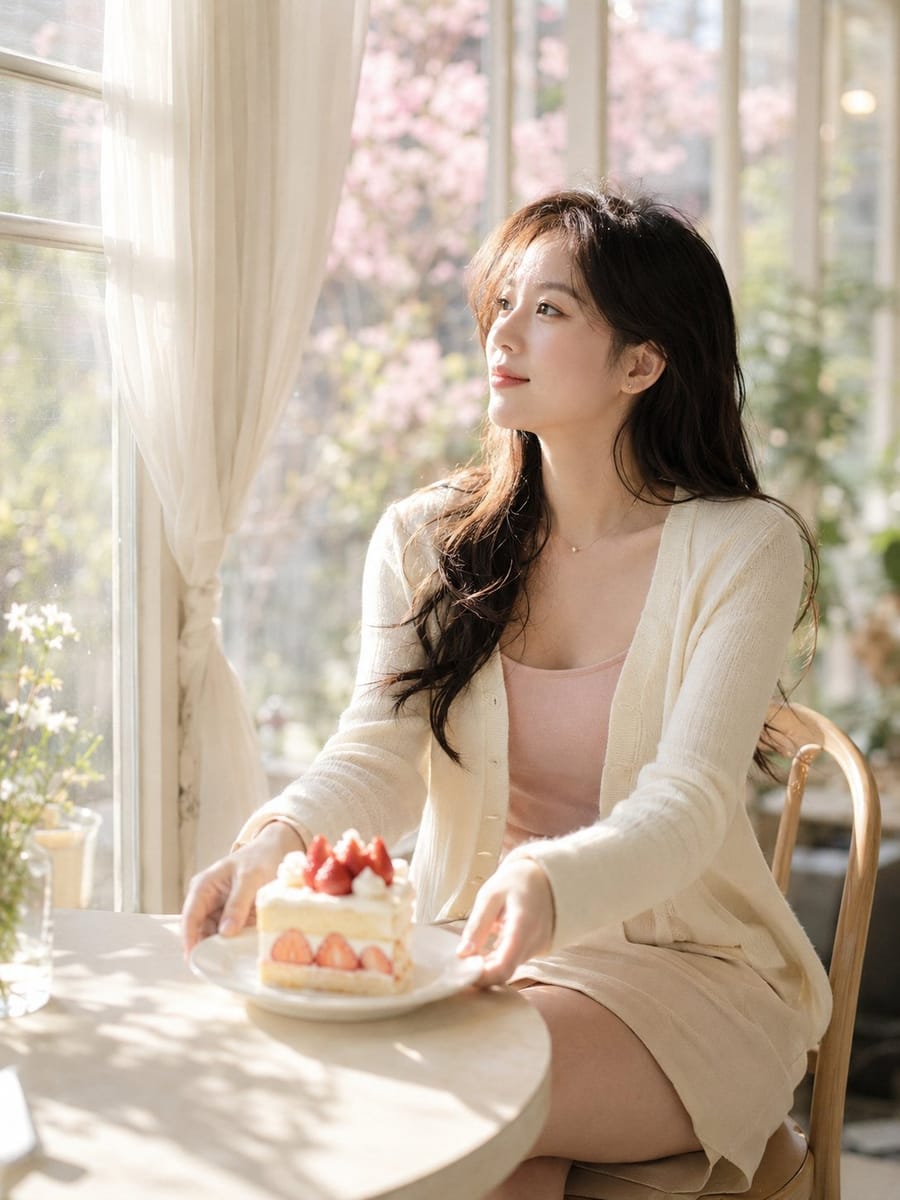 东方女性清纯生活照|花房咖啡馆写实人像AI提示词