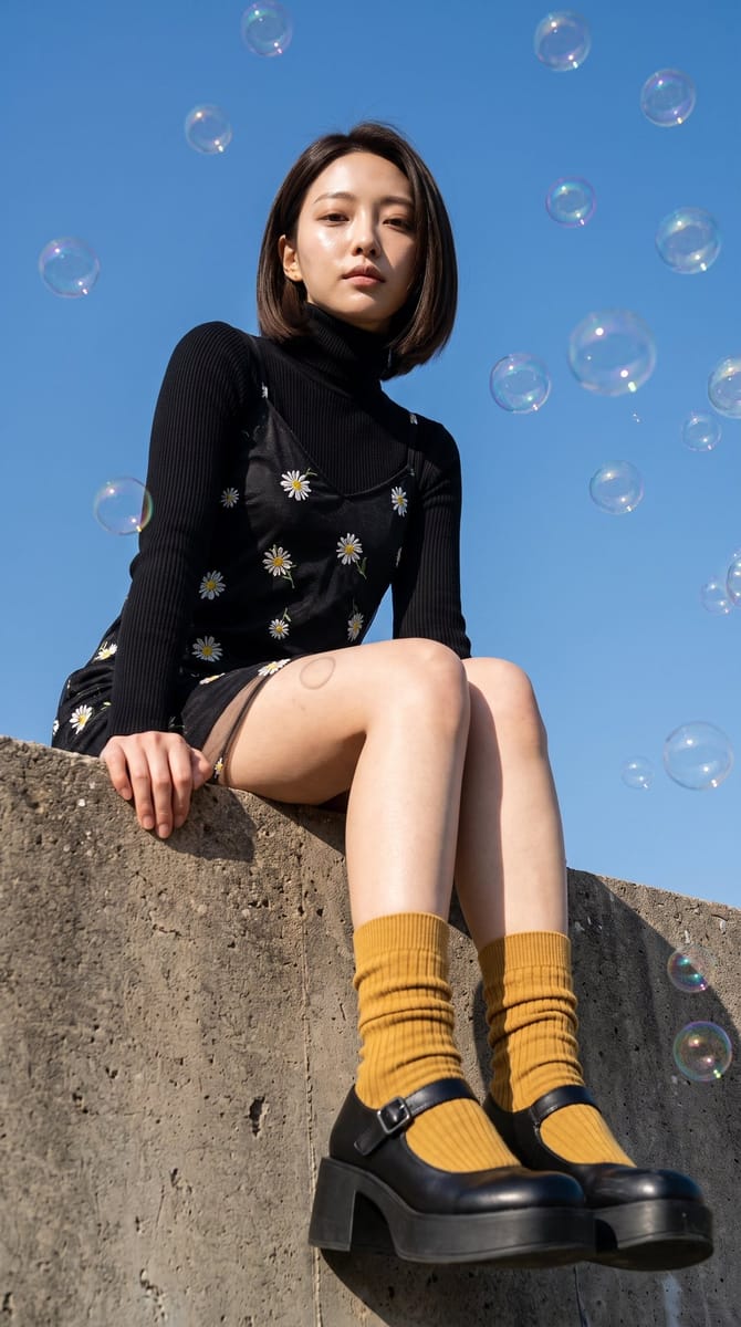 岩石气泡间的写实女性肖像|9:16摄影提示词