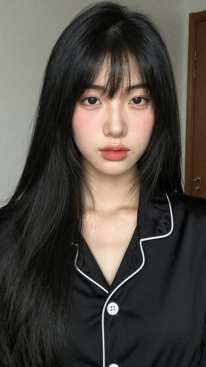 缎面睡衣东亚女性写实特写肖像|照片级AI人像提示词