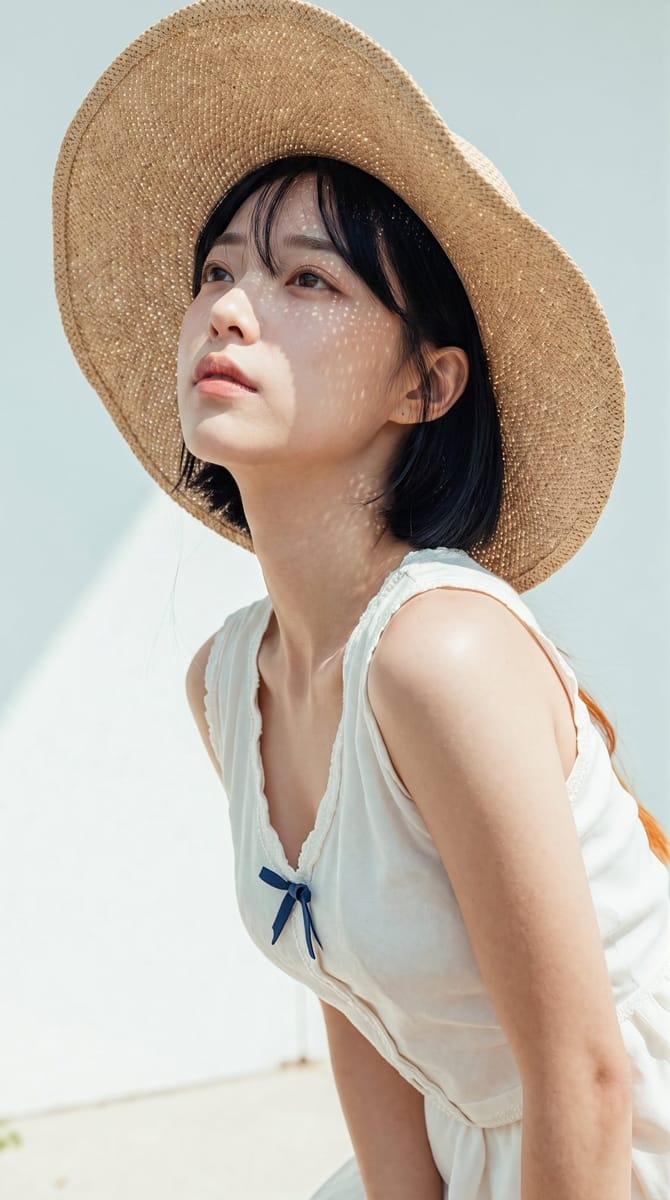 户外强光草帽人像摄影|女性特写写实提示词