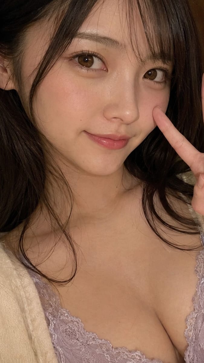 夜景酒店客房中的日本女性V字手势人像