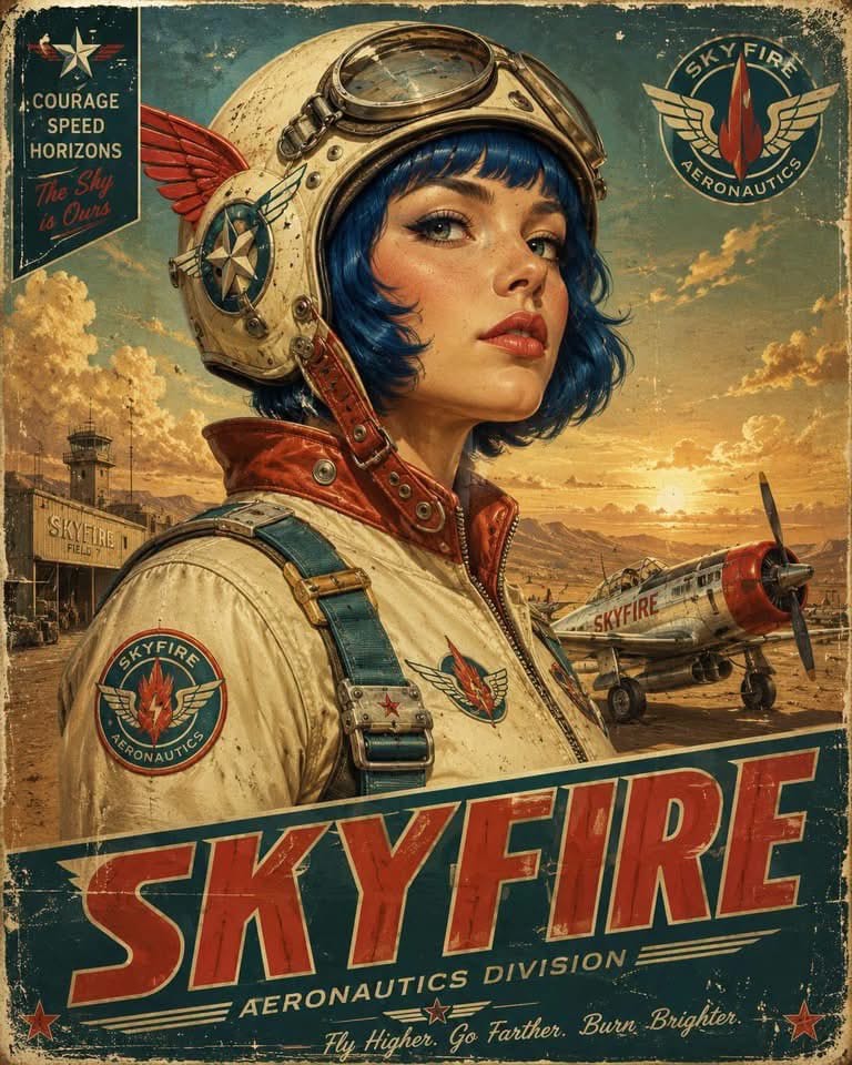 复古未来主义航空海报肖像|怀旧飞行英雄人像