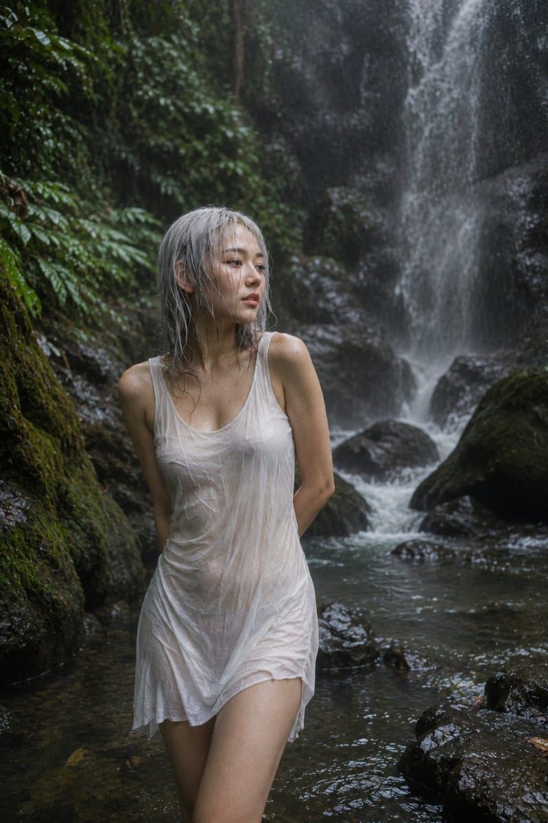 森林瀑布下的银发韩国女性:超写实胶片感人像提示词