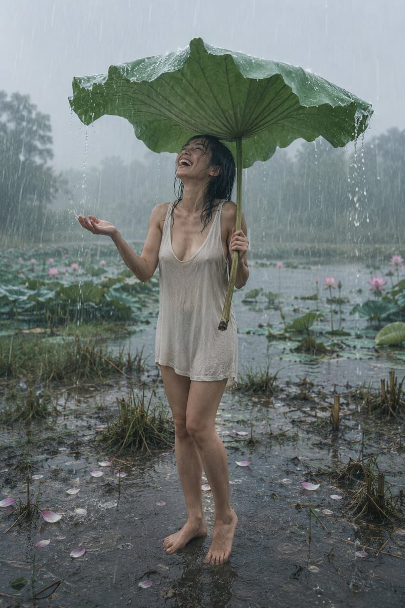 日本女性雨中撑荷叶·电影感写实摄影大片