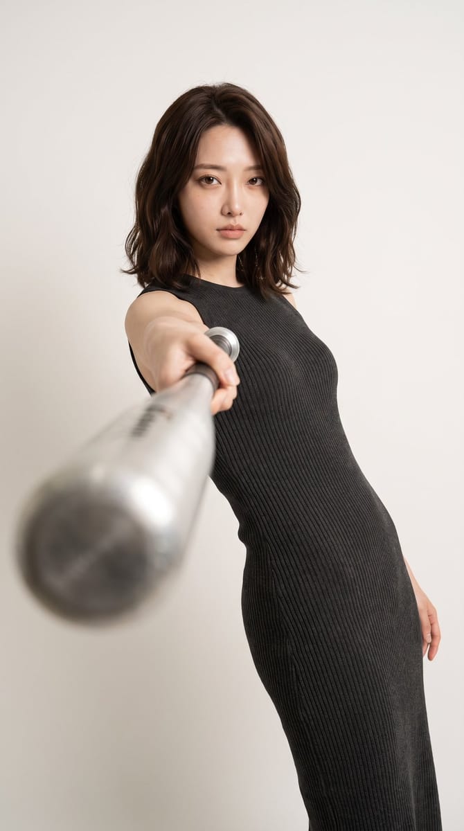 极简工作室女性手持金属球棒｜写实肖像摄影提示词