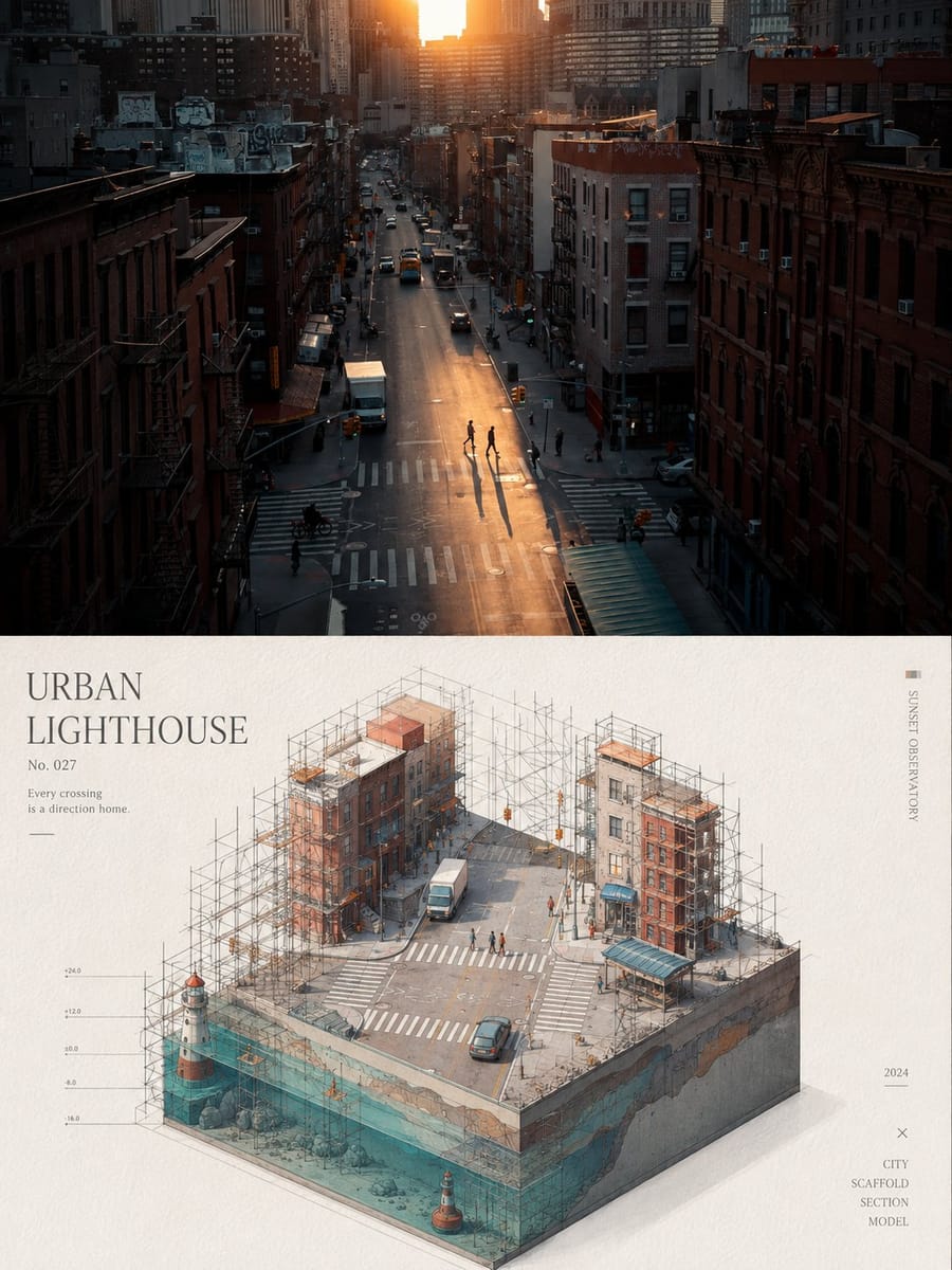 极简微缩建筑景观脚手架艺术海报生成器