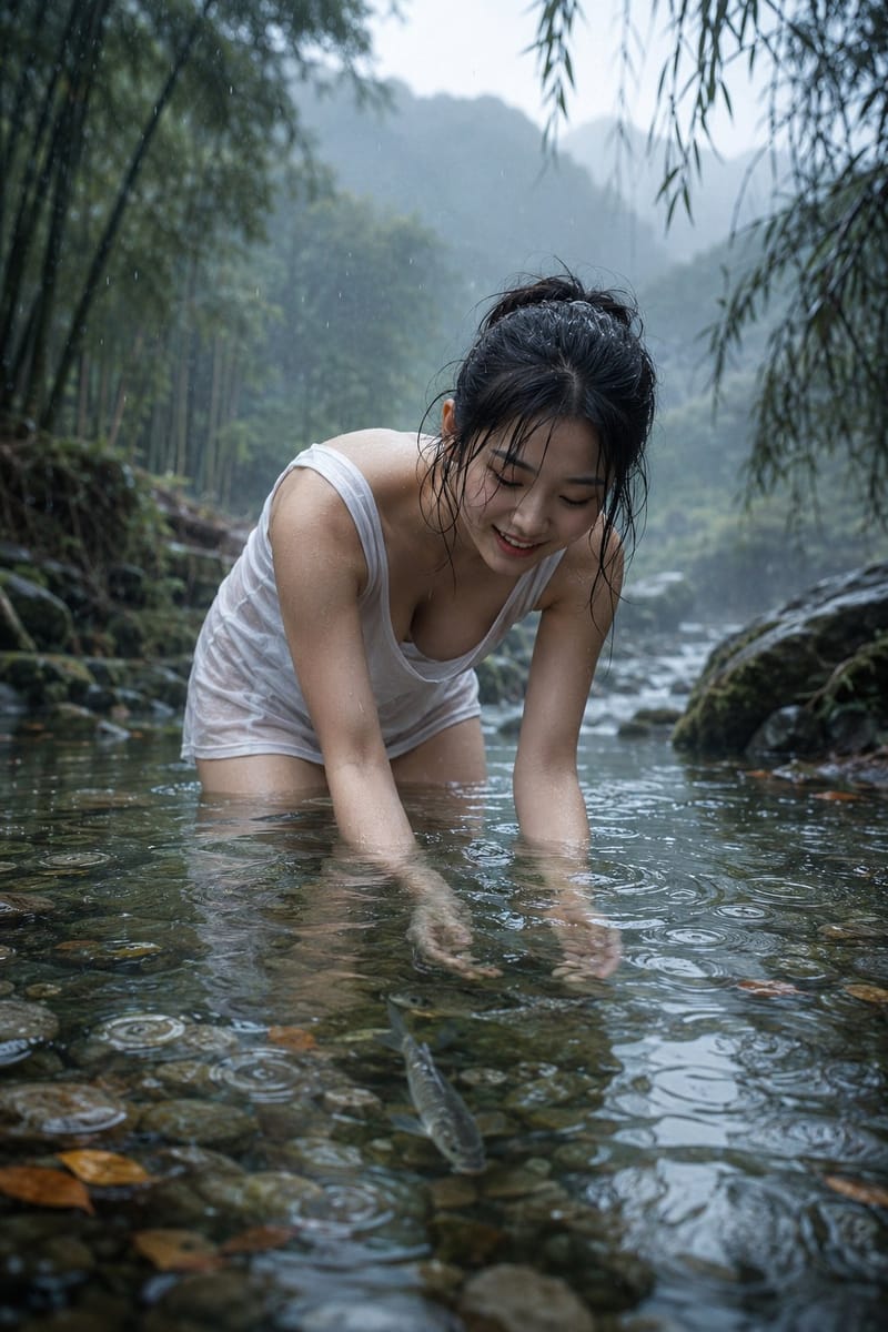 溪流抓鱼少女：雨中山涧电影感人像