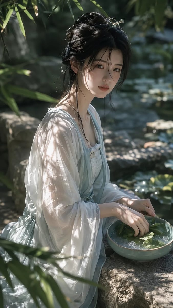 清冷宋制汉服少女写真|盛夏竹林溪谷电影感人像