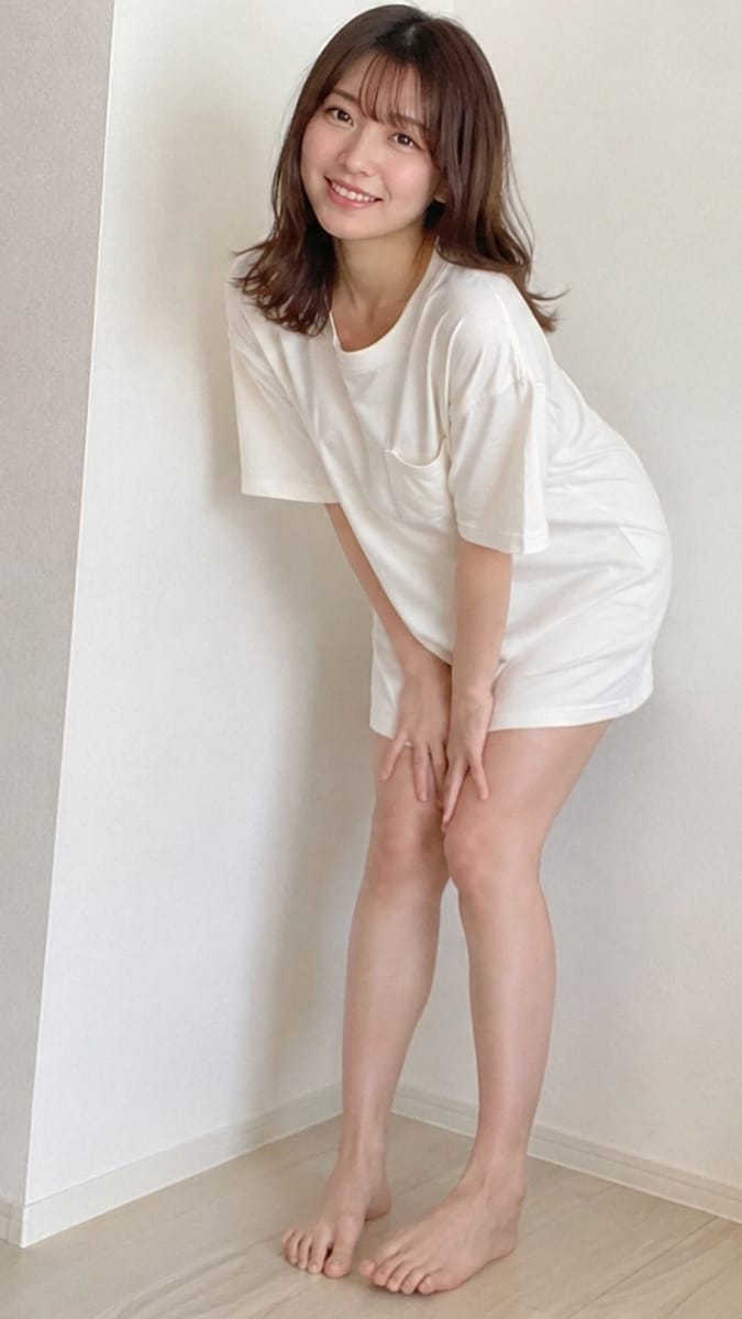 穿白色大码T恤的日本女性：明亮室内前倾自然光写真