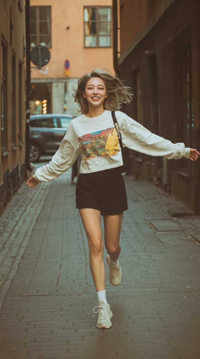 胶片感街拍人像：巷弄中奔跑大笑的女子写实肖像