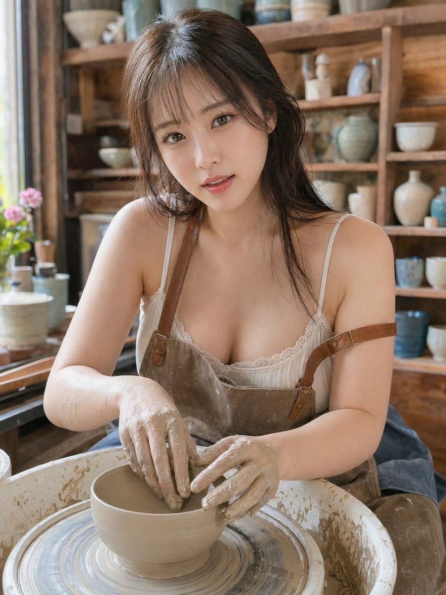 陶艺工作室写实人像：专注制陶的东亚女性