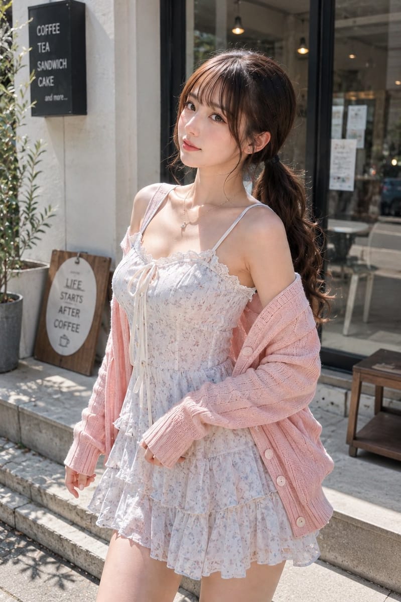 咖啡馆前碎花裙街拍｜日本女性超写实写真AI提示词